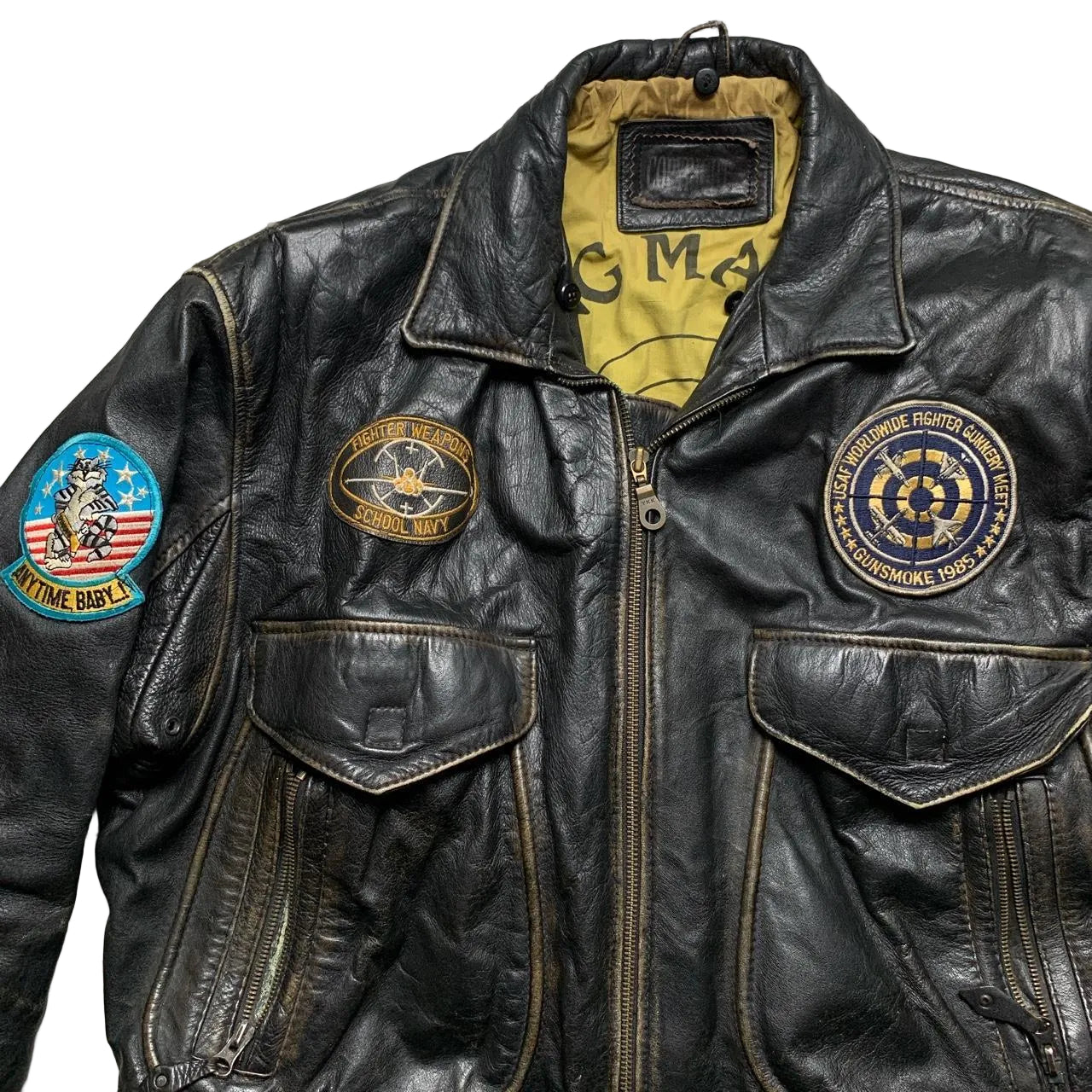 Vintage Leather Fighter Plane Pilot Brown Jacket (L)