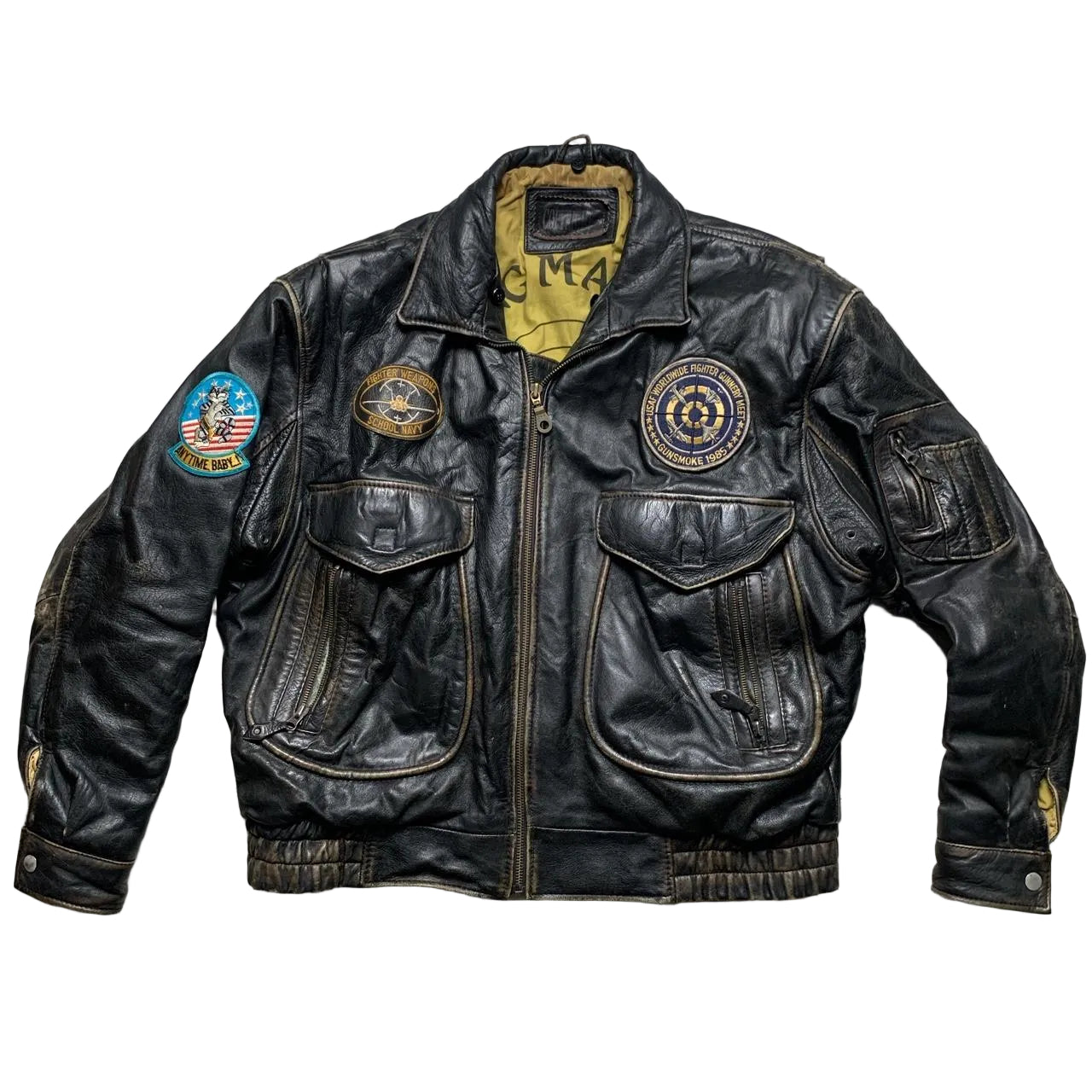 Vintage Leather Fighter Plane Pilot Brown Jacket (L)