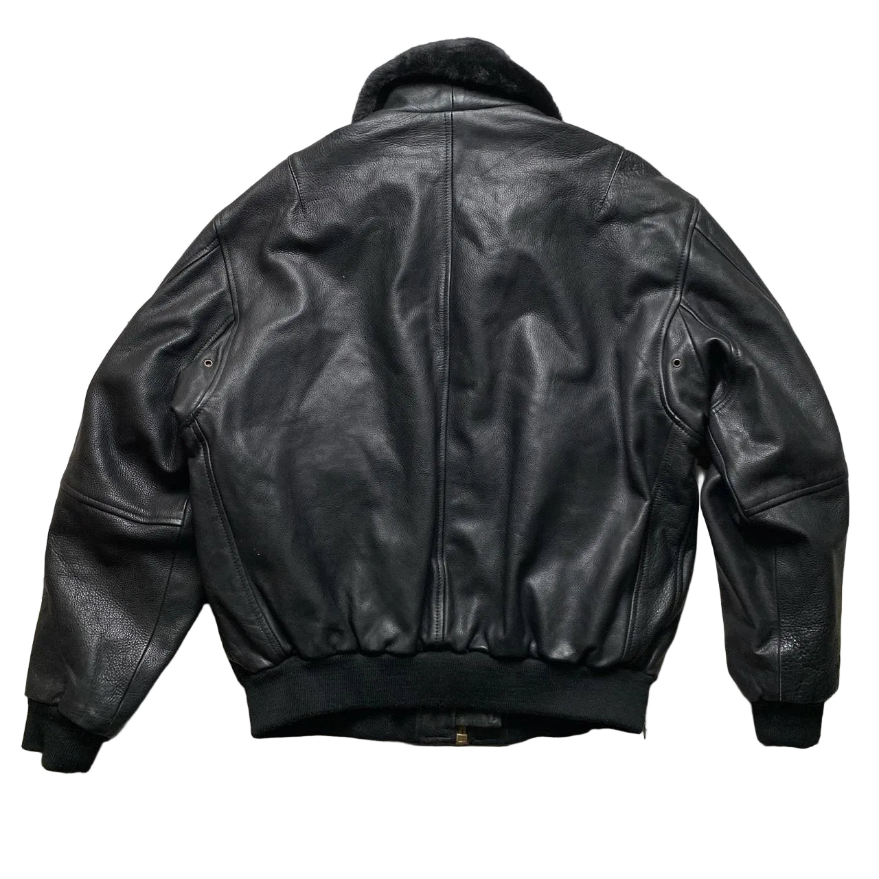 Redskins Black Leather Fur Trim Bomber Flight Jacket (L)