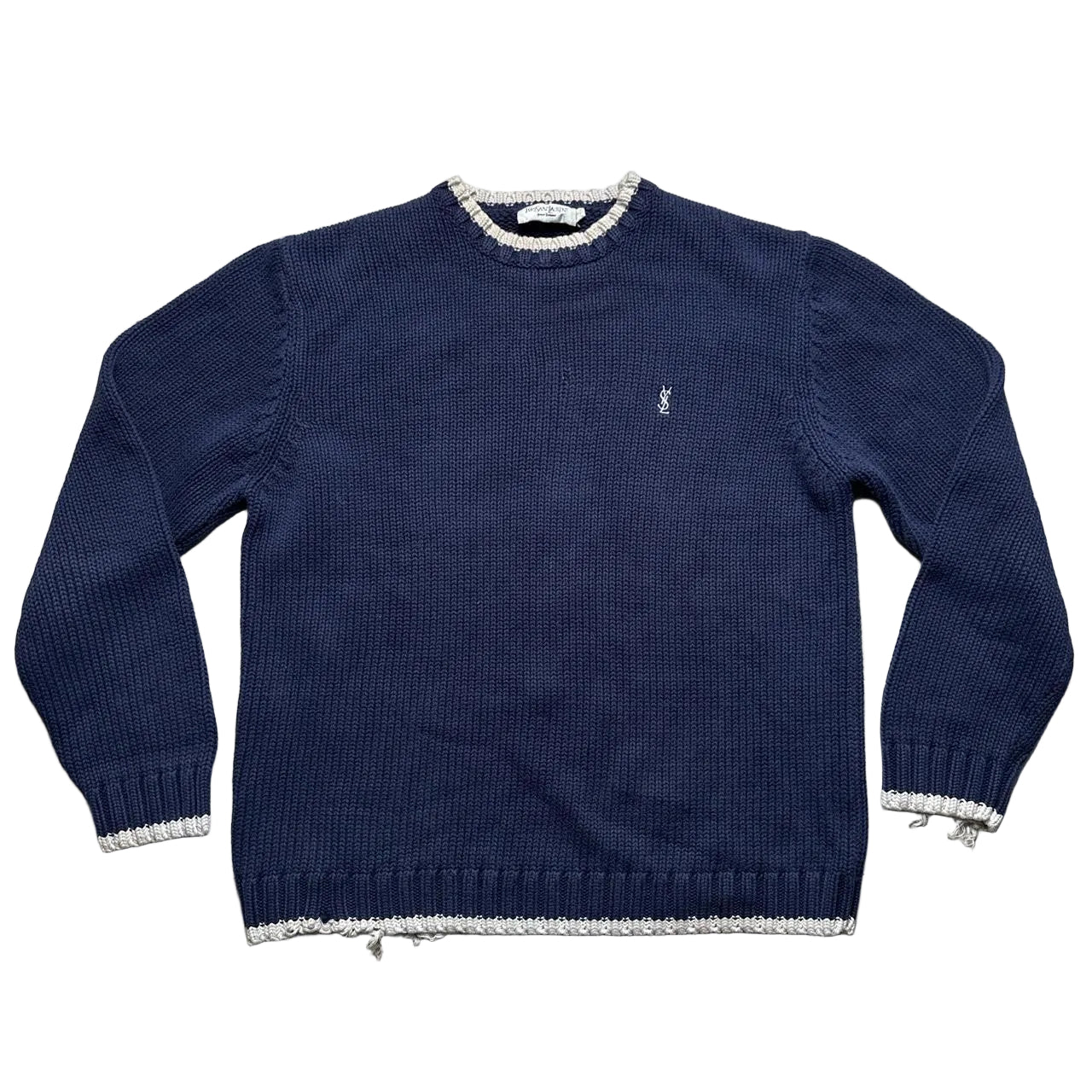 YSL Yves Saint Laurent Vintage Navy and White Cable Knit Knitted Thick Jumper (M)