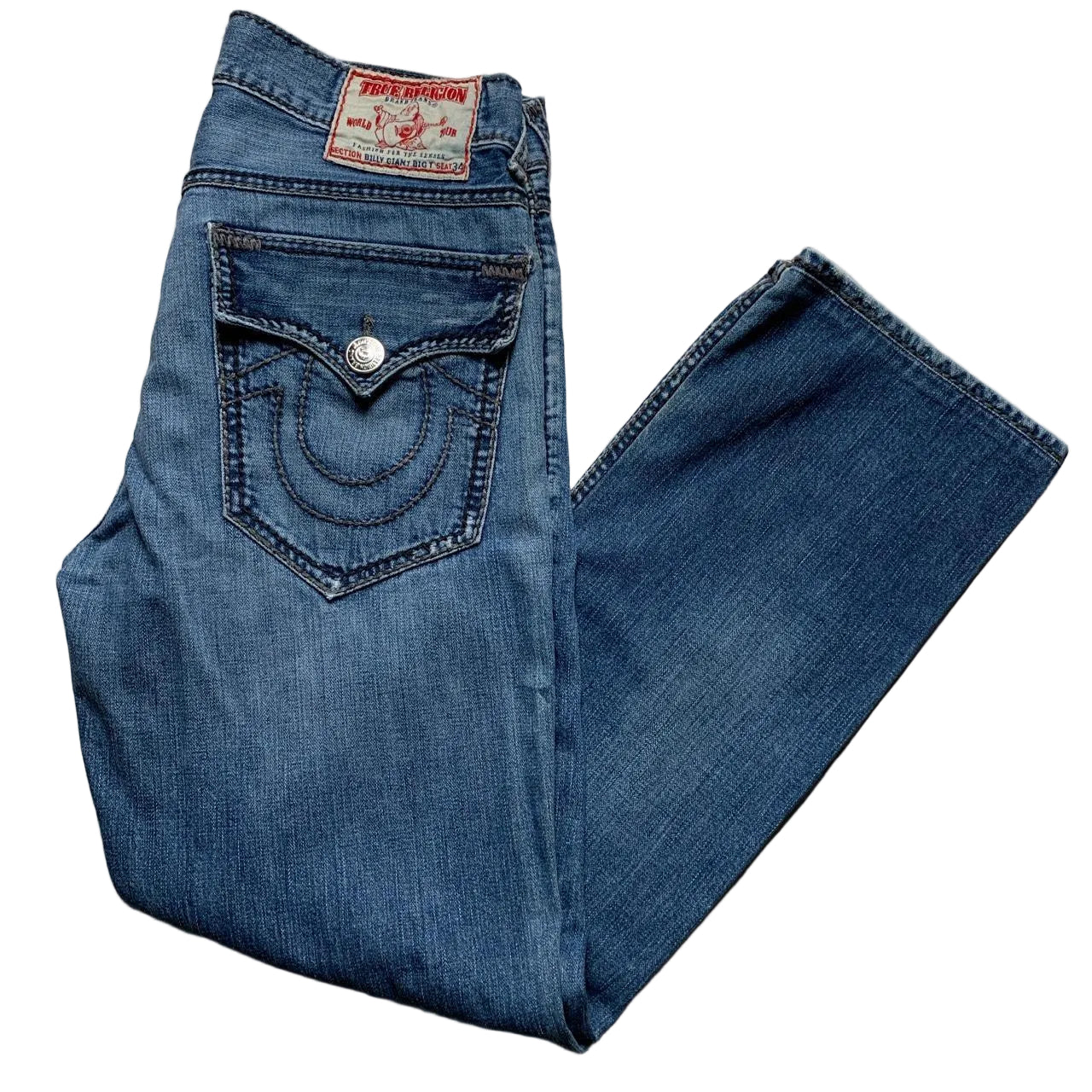 True Religion Billy Giant Big T Big Grey Stitch and Blue Jeans (33W)