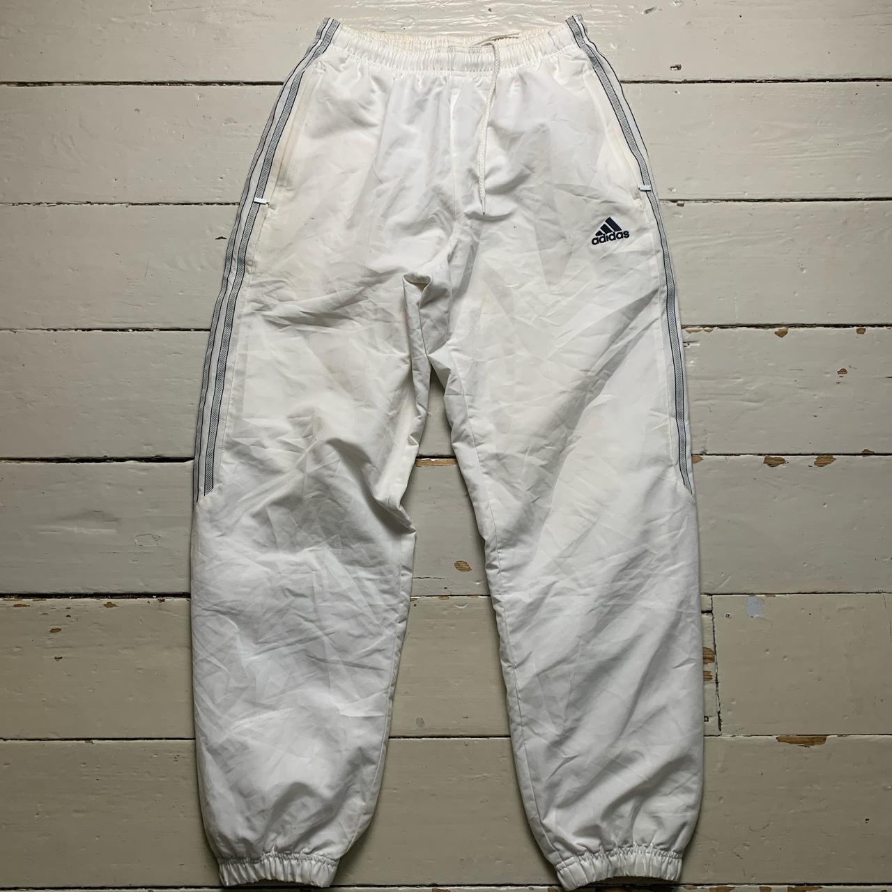 Adidas White and Navy Stripe Shell Track Pant Bottoms