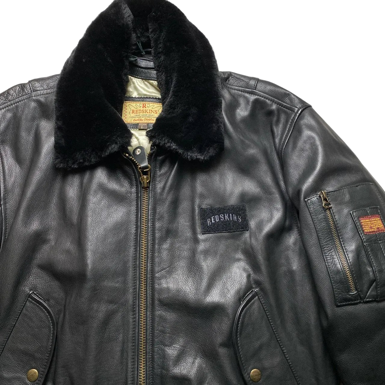Redskins Black Leather Fur Trim Bomber Flight Jacket (L)