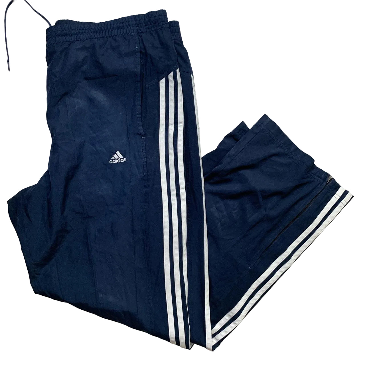 Adidas Navy and White 3 Stripe Shell Track Pant Baggy Bottoms (L)