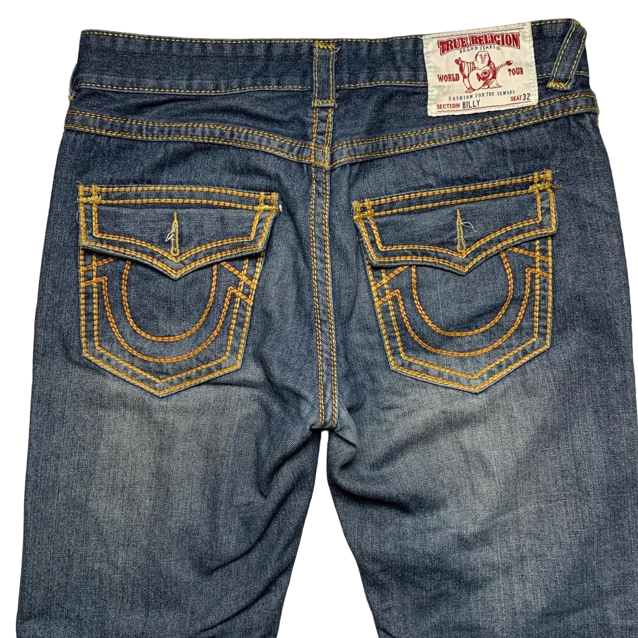 True Religion Billy Big Yellow Gold Stitch Blue Jeans (32W)