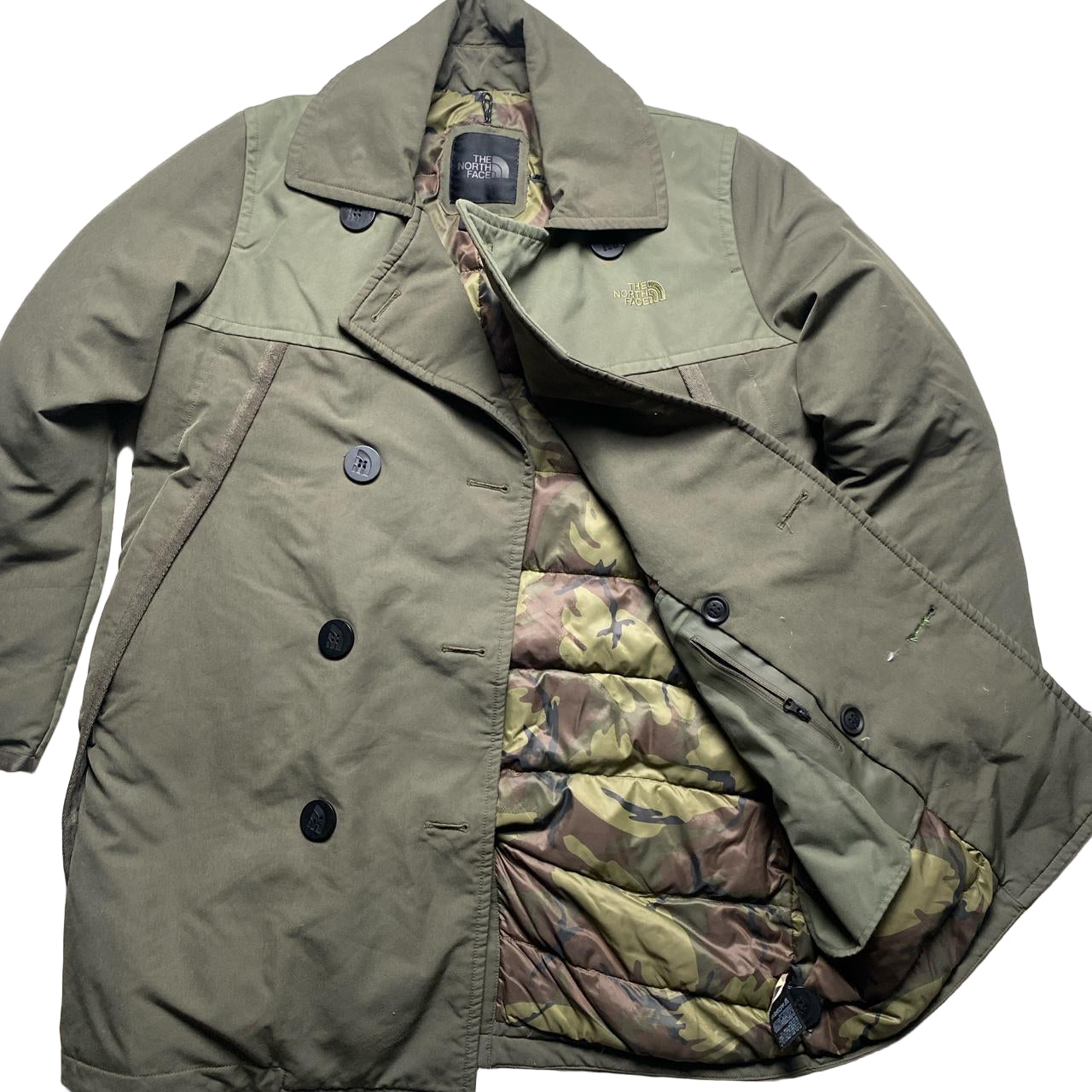 The North Face Windwall Khaki Green Camo Puffer Trench Coat (M)