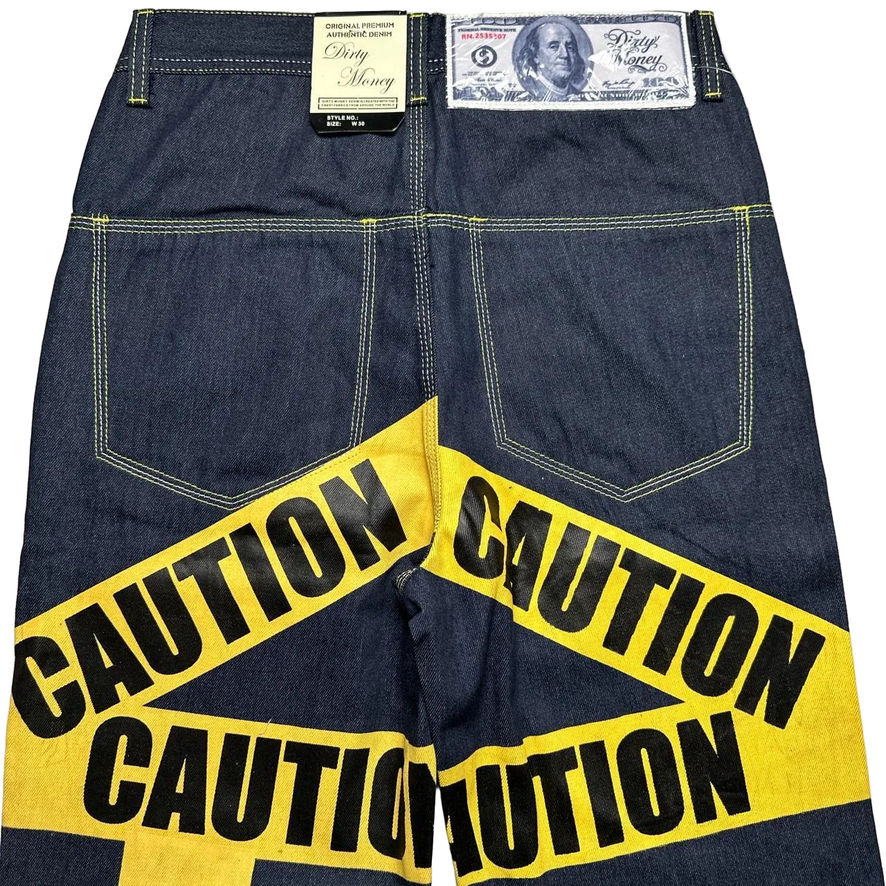 Dirty Money Vintage Caution Print Jeans (30W,38W,40W)