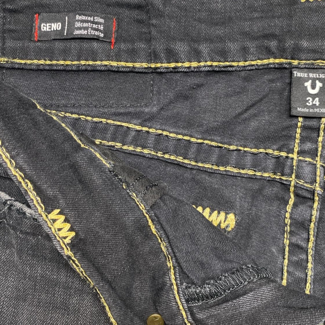 True Religion Geno Black and Gold Big Stitch Jeans (34W)