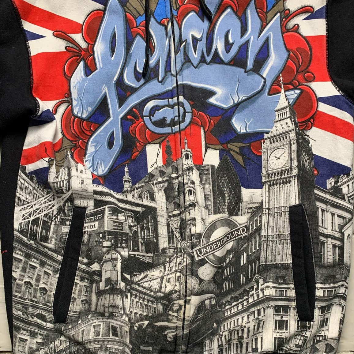 Ecko London Vintage Unlimited Black Blue and Red Graffiti Hoodie