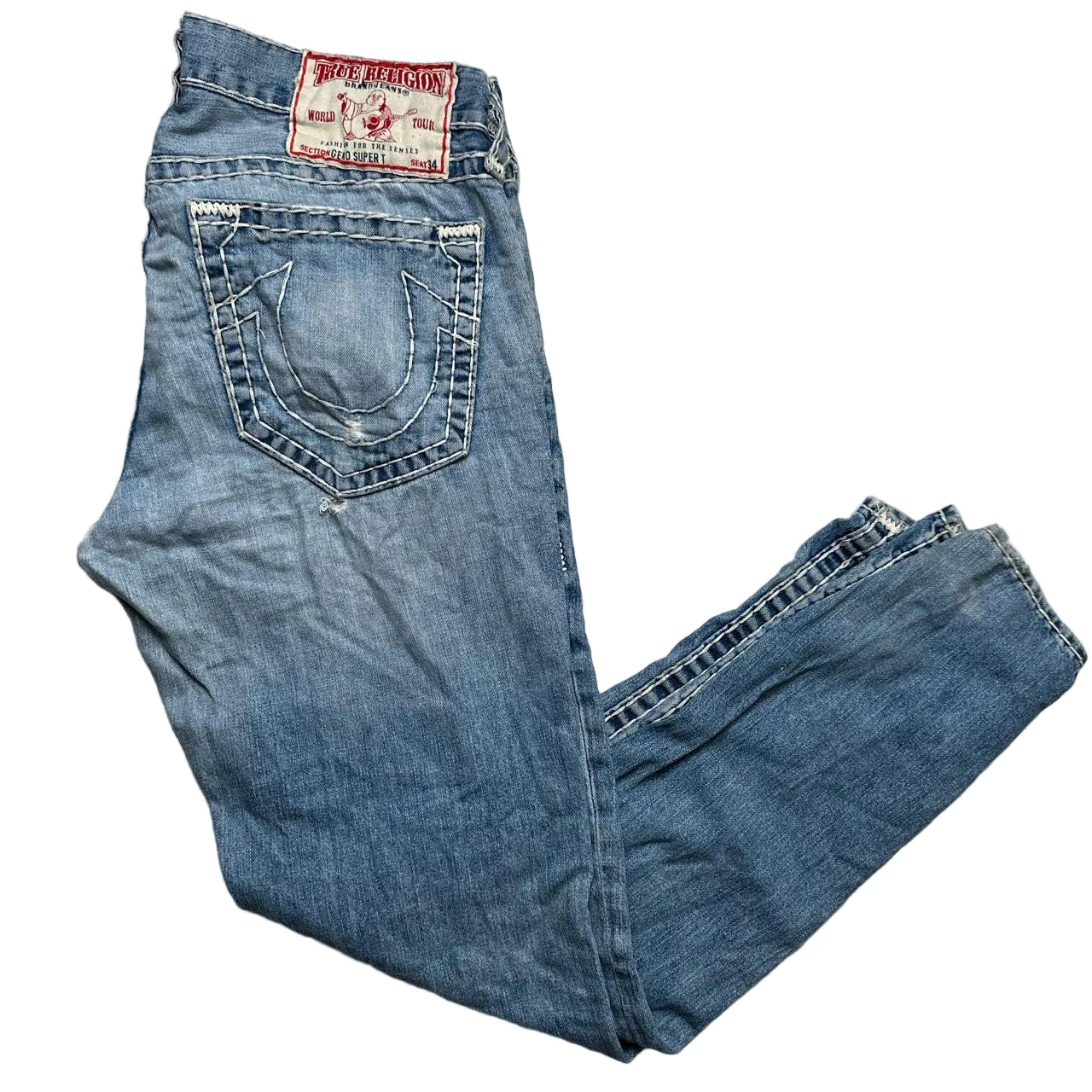 True Religion Geno Super T Distressed Jeans Light Blue and Big White Stitch (34W)