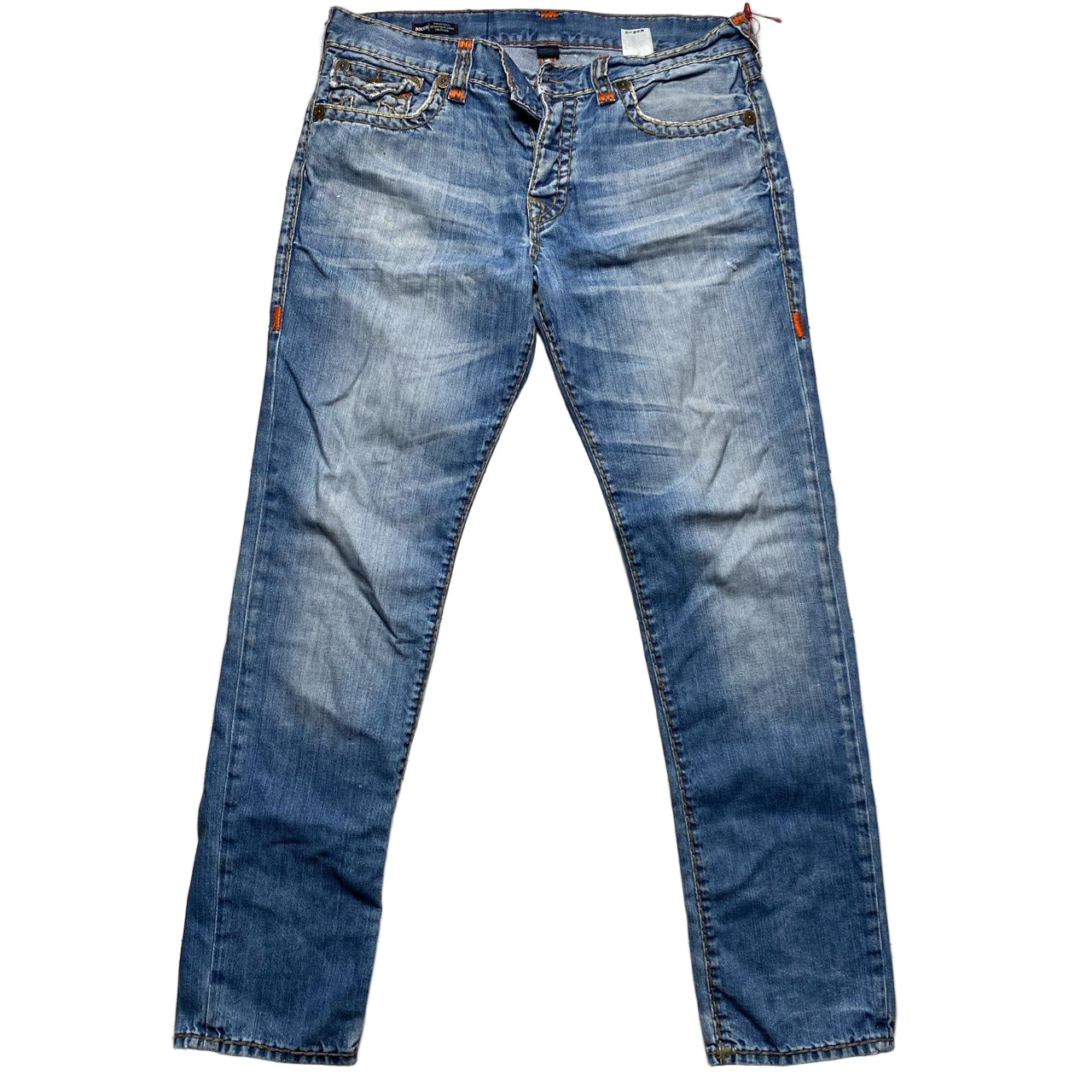 True Religion Rocco Light Blue Big Yellow and Orange Stitch Baggy Jeans (36W)