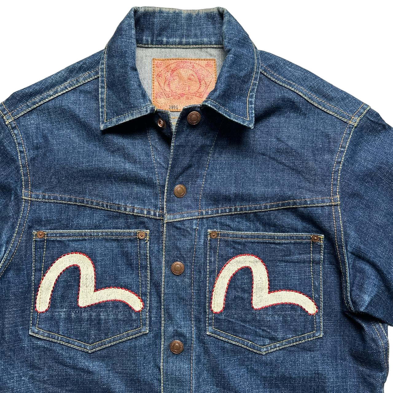 Evisu Vintage Daicock Cream White Swoosh Red Stitch Denim Jacket (L)