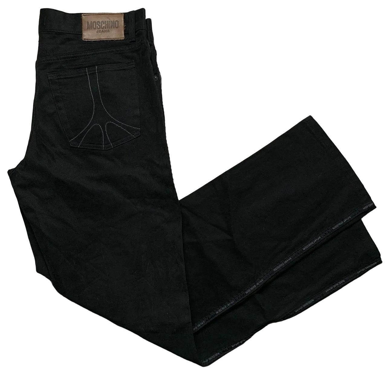 Moschino Jeans Vintage Black and Grey Stitch Jeans with Tape Repeat Logo (34W)