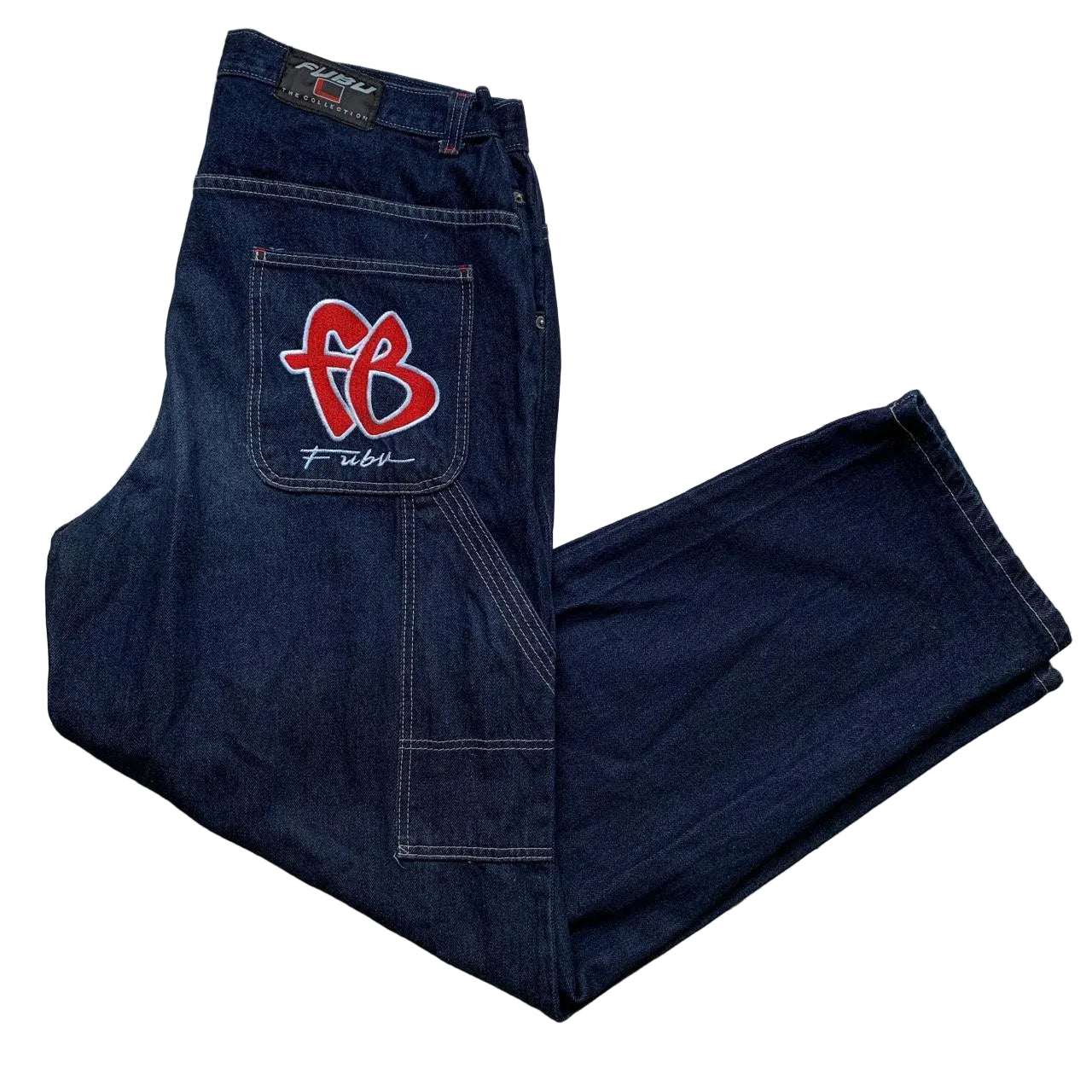 FUBU Vintage Carpenter Baggy Hip Hop Cargo Navy White Stitch Jeans (38W)