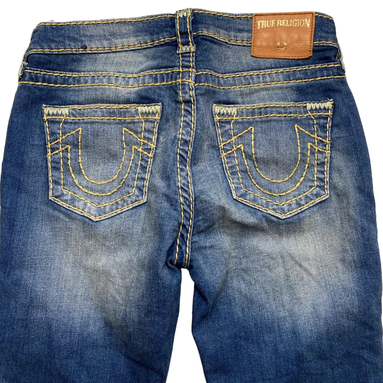 True Religion Halle Womens Blue and Big Yellow Stitch Jeans (27W)