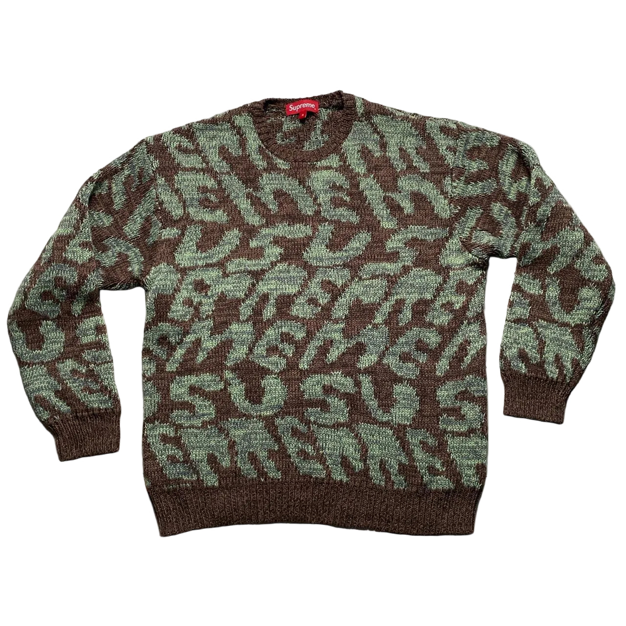 Supreme Stacked Thick Knit All Over Spellout Green and Brown Jumper (S)