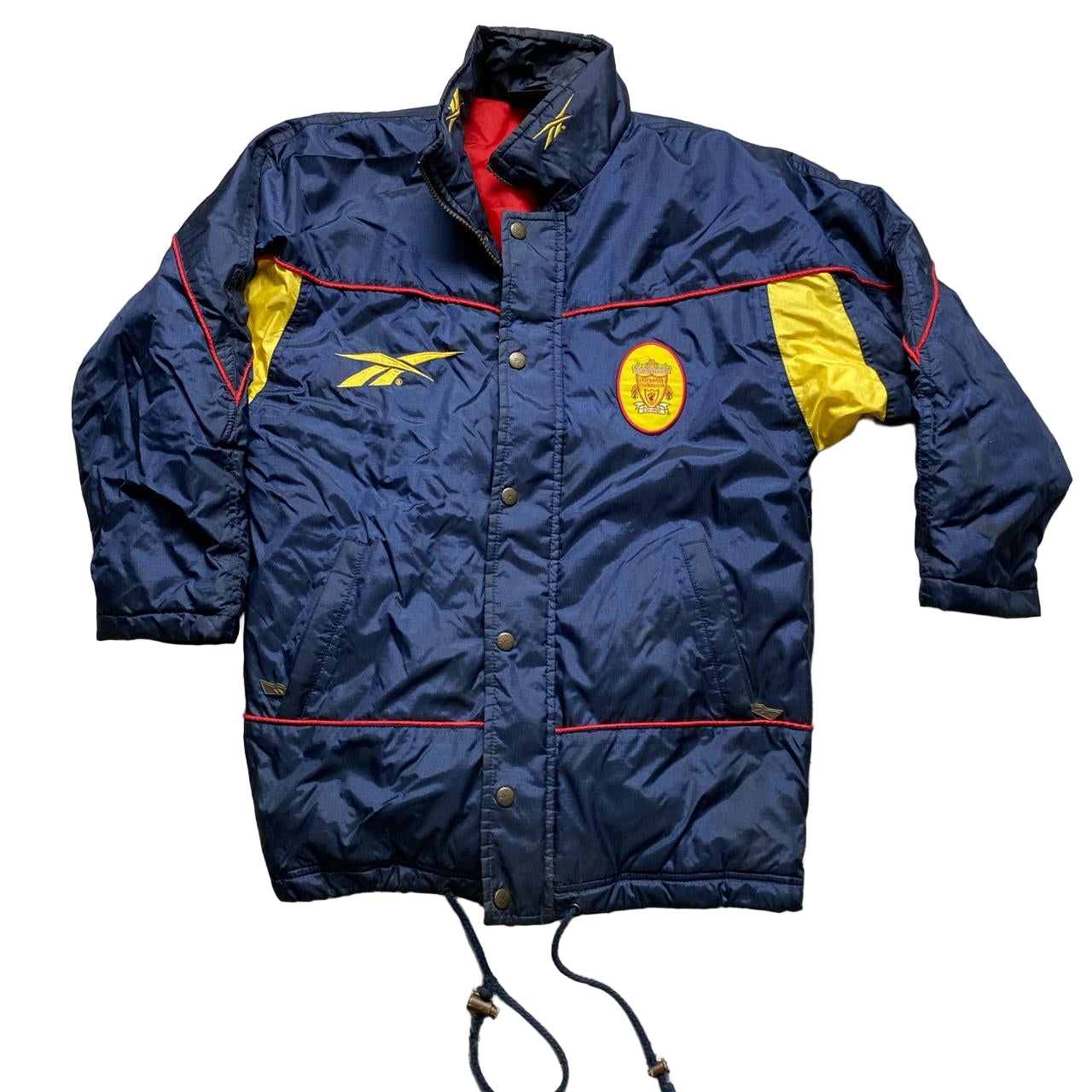 Liverpool 1990’s 97/98 Carlsberg Reebok Vintage Navy Yellow and Red Puffer Bench Jacket (XS)