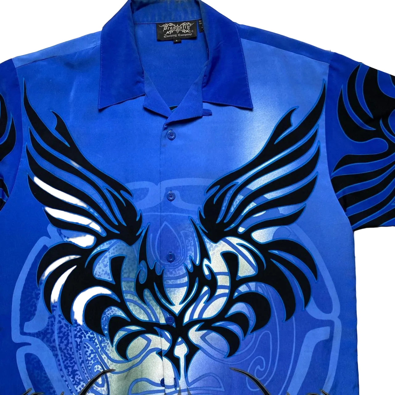 Dragonfly Vintage y2k Blue and Black Silk Shirt (L)