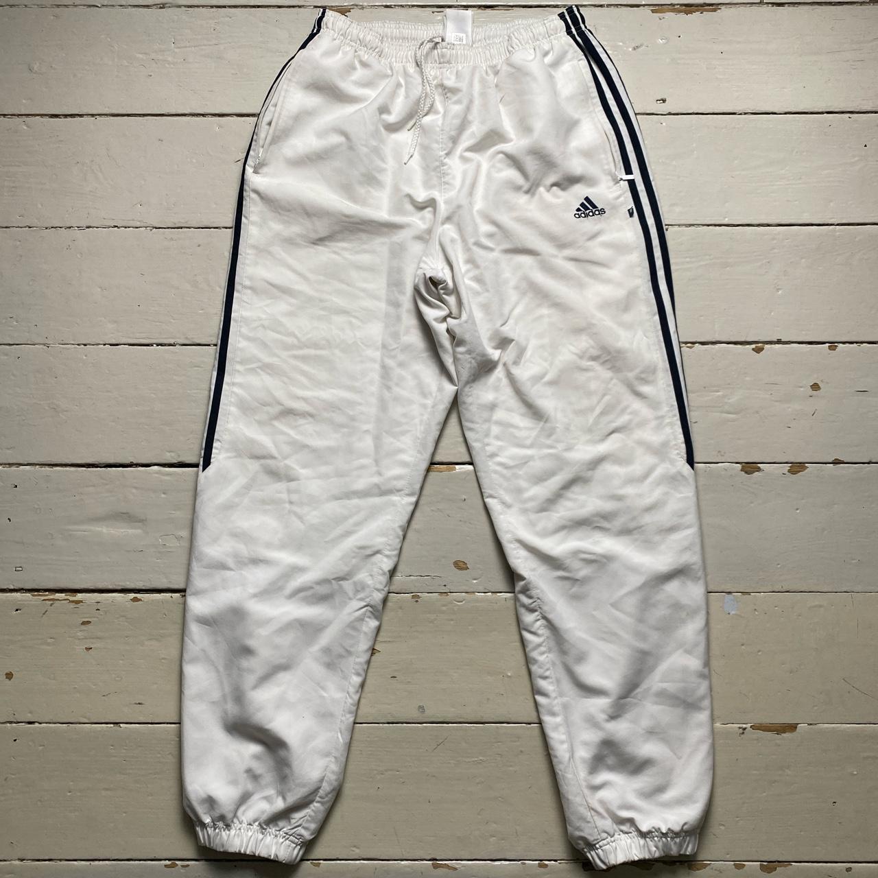 Adidas White and Navy Stripe Baggy Trackpant Shell Bottoms