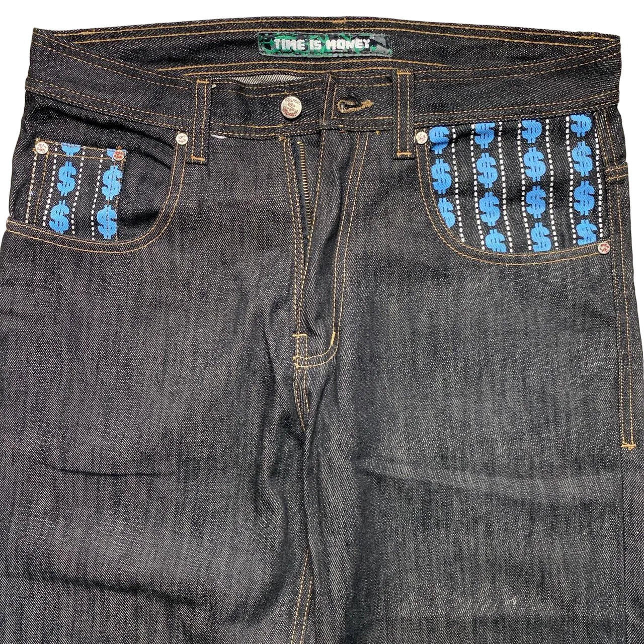 Time Is Money Vintage y2k Embroidered and Printed Dollar Jeans (32W)