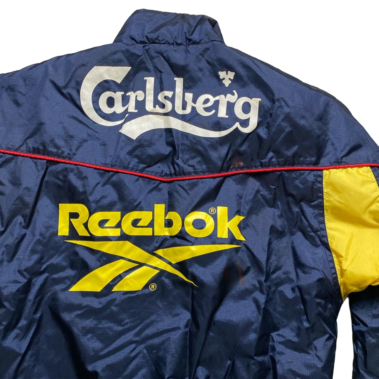 Liverpool 1990’s 97/98 Carlsberg Reebok Vintage Navy Yellow and Red Puffer Bench Jacket (XS)