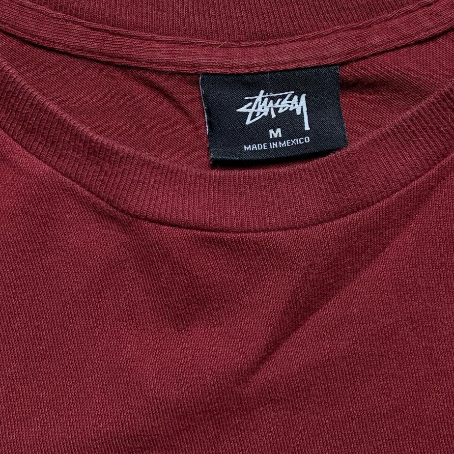 Stussy Burgundy and Yellow Spellout T Shirt (M)