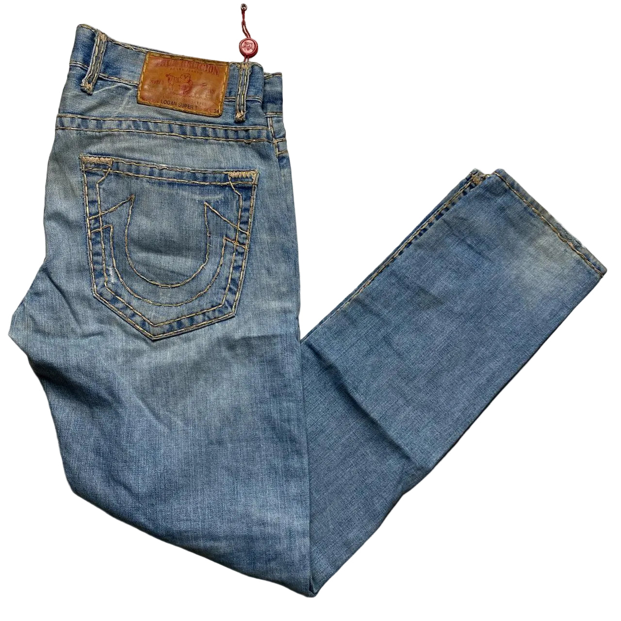 True Religion Logan Super T Light Blue Big Cream Stitch Jeans (34W)