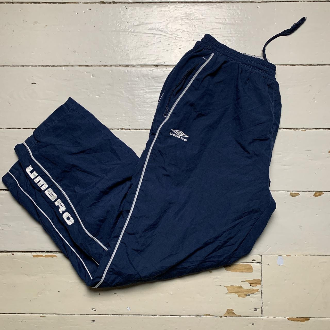 Umbro Navy and White Baggy Shell Bottoms with Spellout