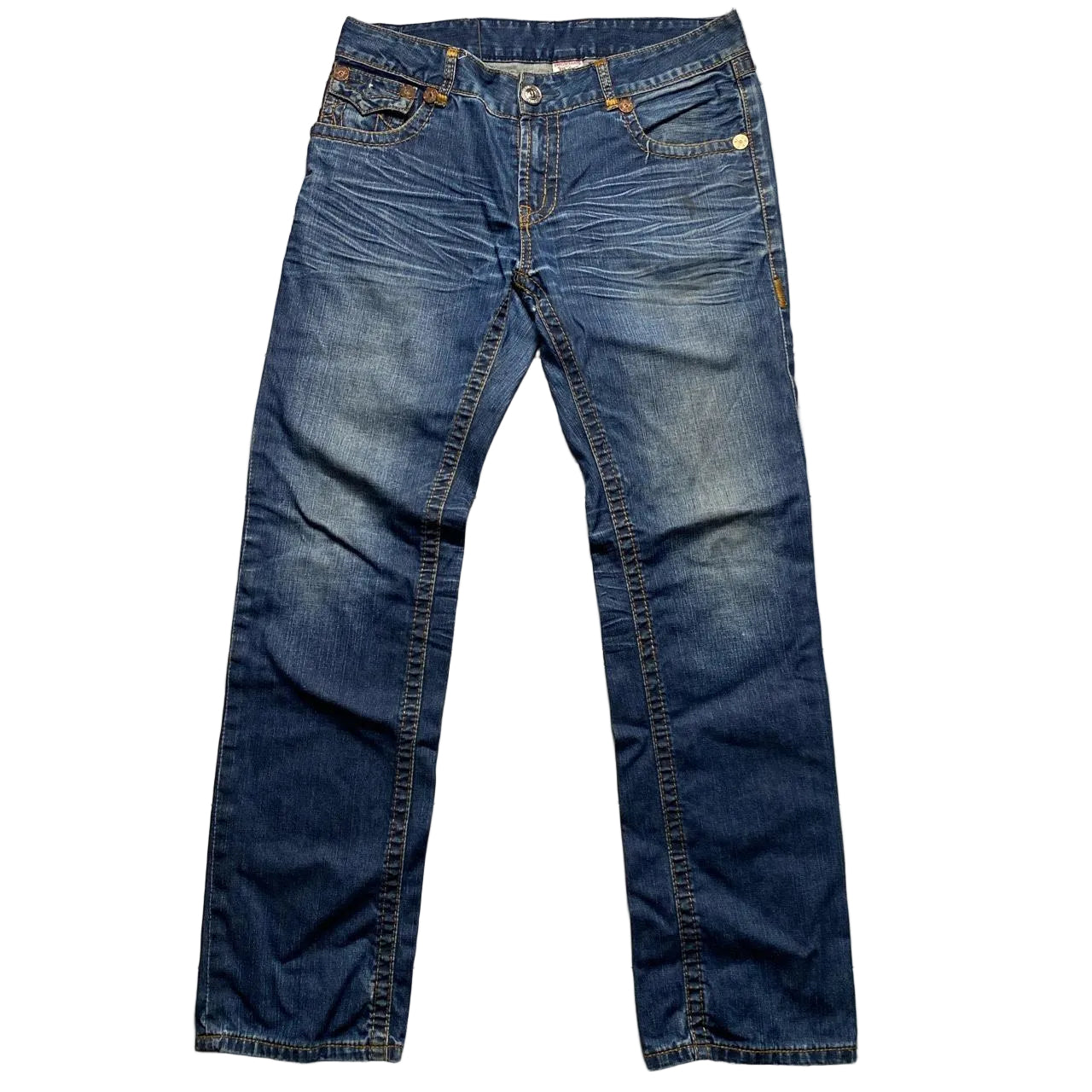True Religion Billy Super T Navy and Brown Stitch Jeans (34W)