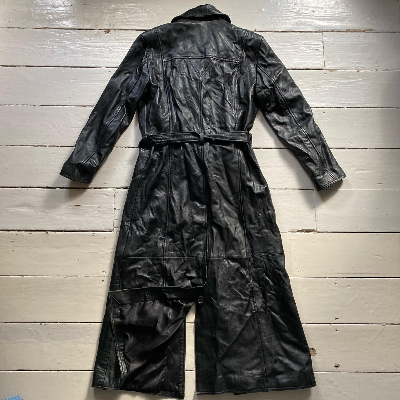 Vintage Black Long Leather Trench Coat (Small)
