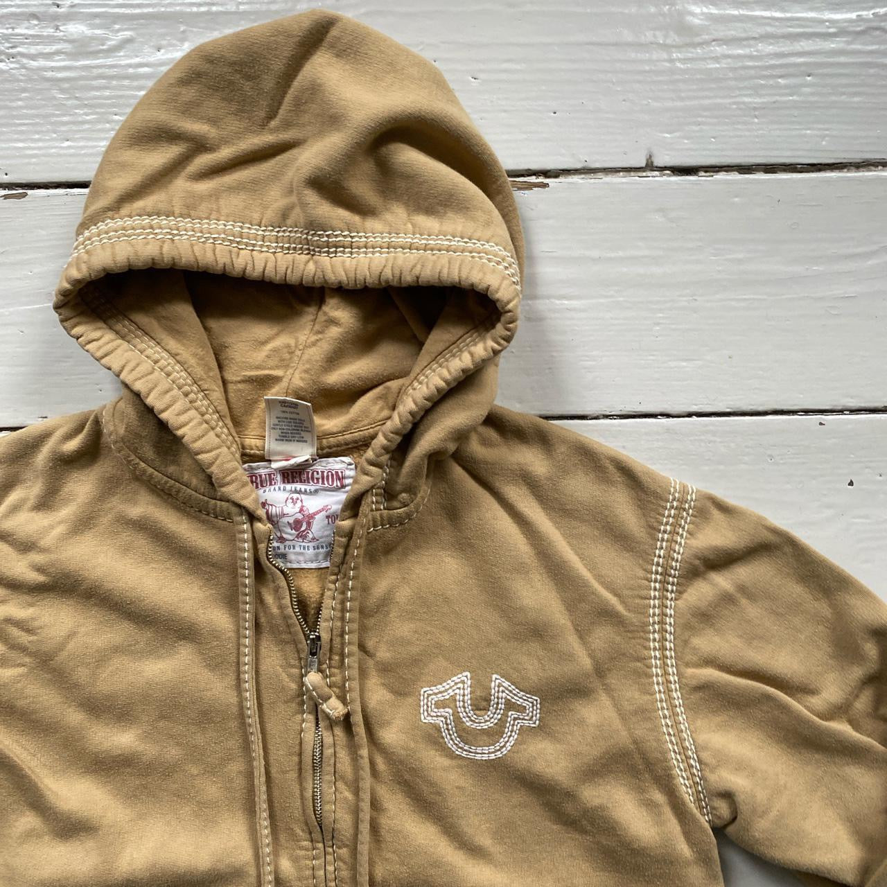 True Religion Contrast Tri Stitch Beige Hoodie (Large)