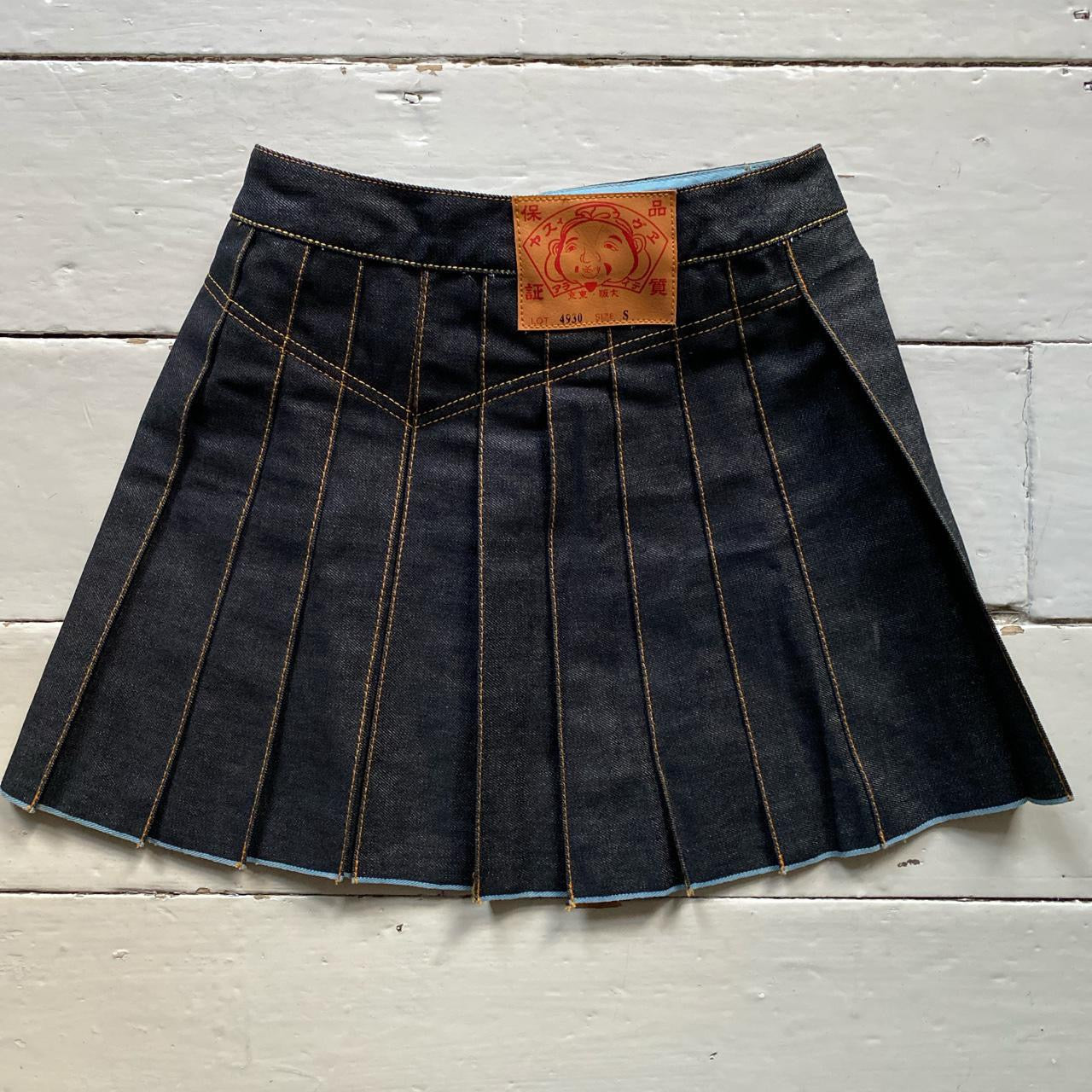 Evisu Swoosh Vintage Pleated Denim Skirt (Small)