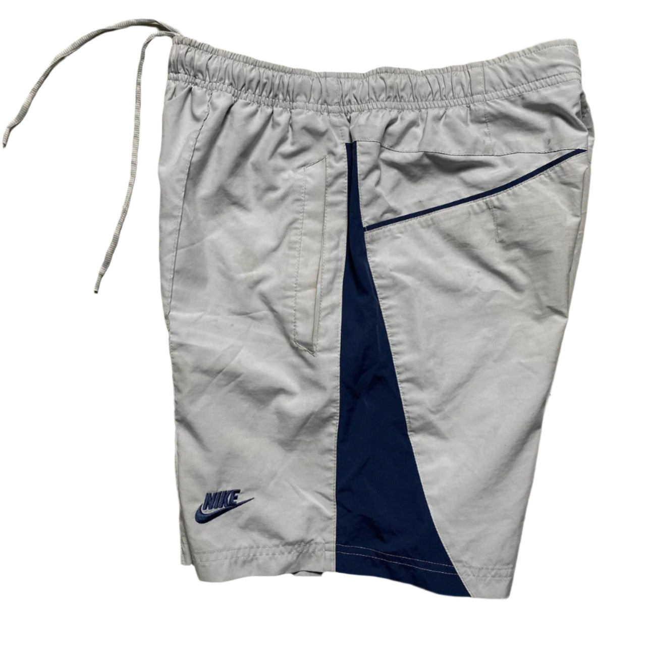 Nike Silver and Navy Vintage y2k Nylon Shell Bottom Shorts (M)