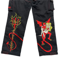Minus Two Embroidery Devil and Girls Cargo Trousers Black and Red (30W)