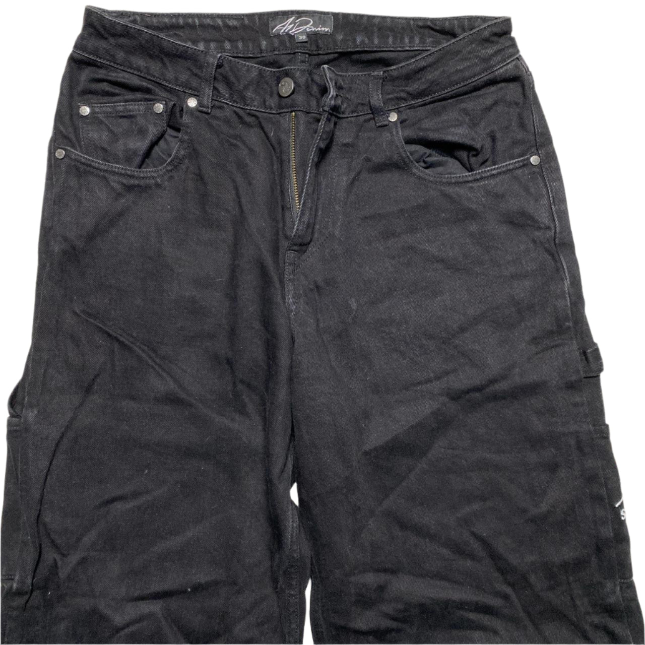 A1 Denim Soho Yacht Club Black and White Cargo Baggy Carpenter Jeans (W 30)