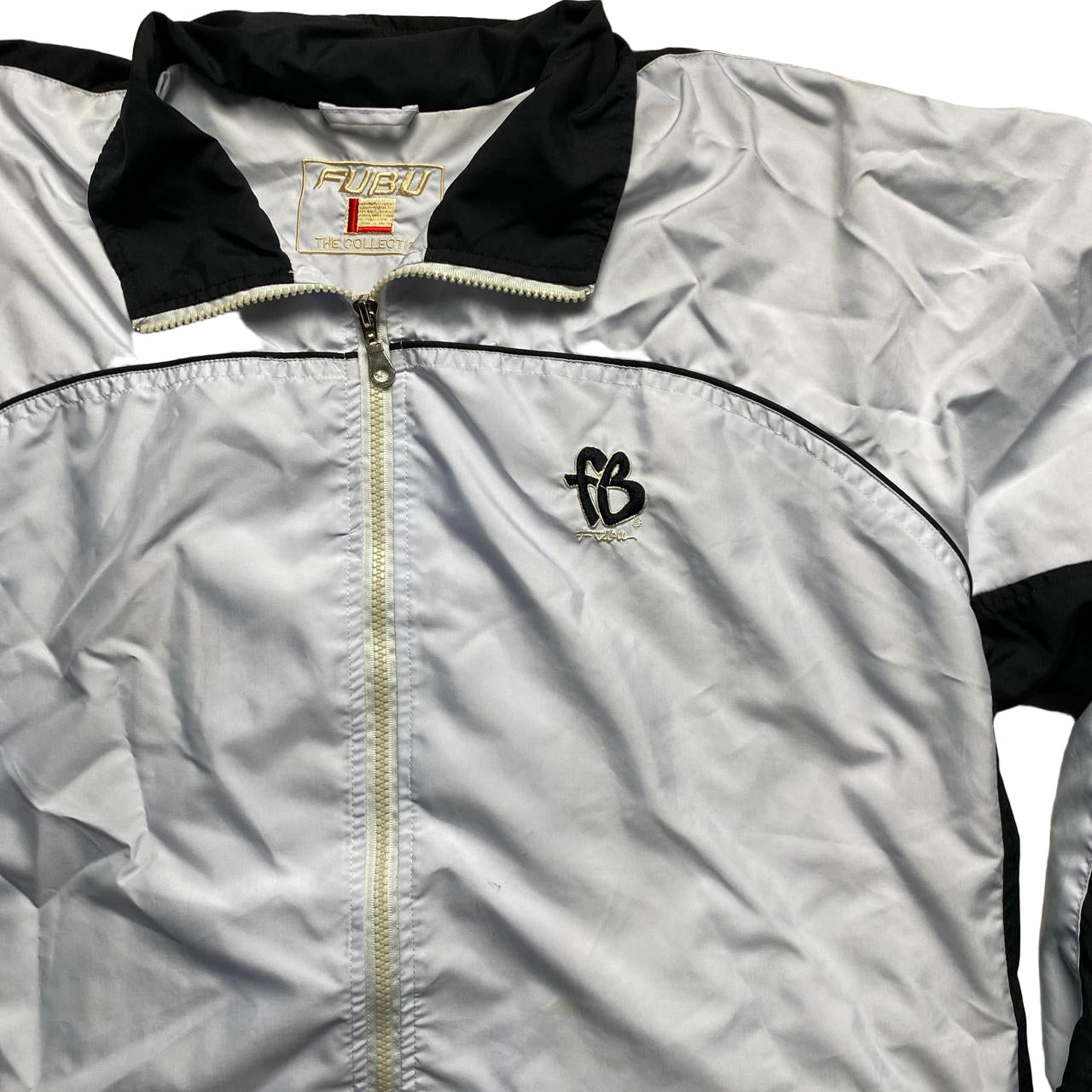 Fubu Vintage White Shell Tracksuit Windbreaker Jacket White and Black (L)