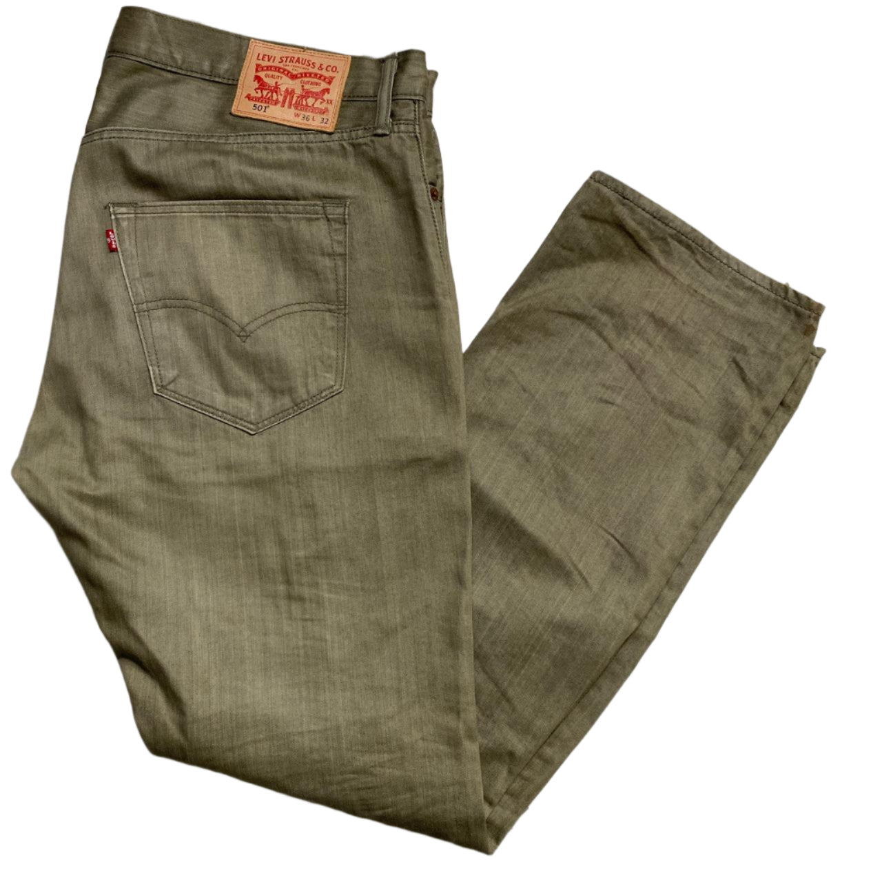 Levis 501 Baggy Khaki Olive Green Jean Trousers (36W)