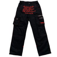 Minus Two Embroidery Devil and Girls Cargo Trousers Black and Red (30W)