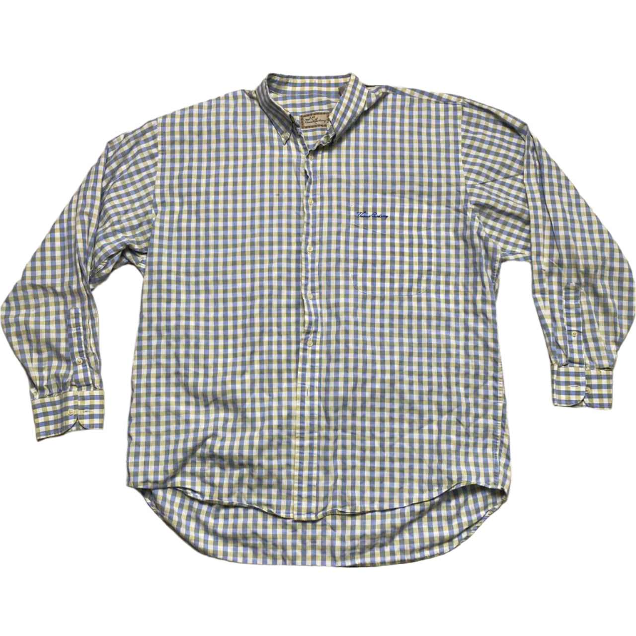 Thomas Burberry Long Sleeve Striped Checked Shirt White Blue and Yellow (L)