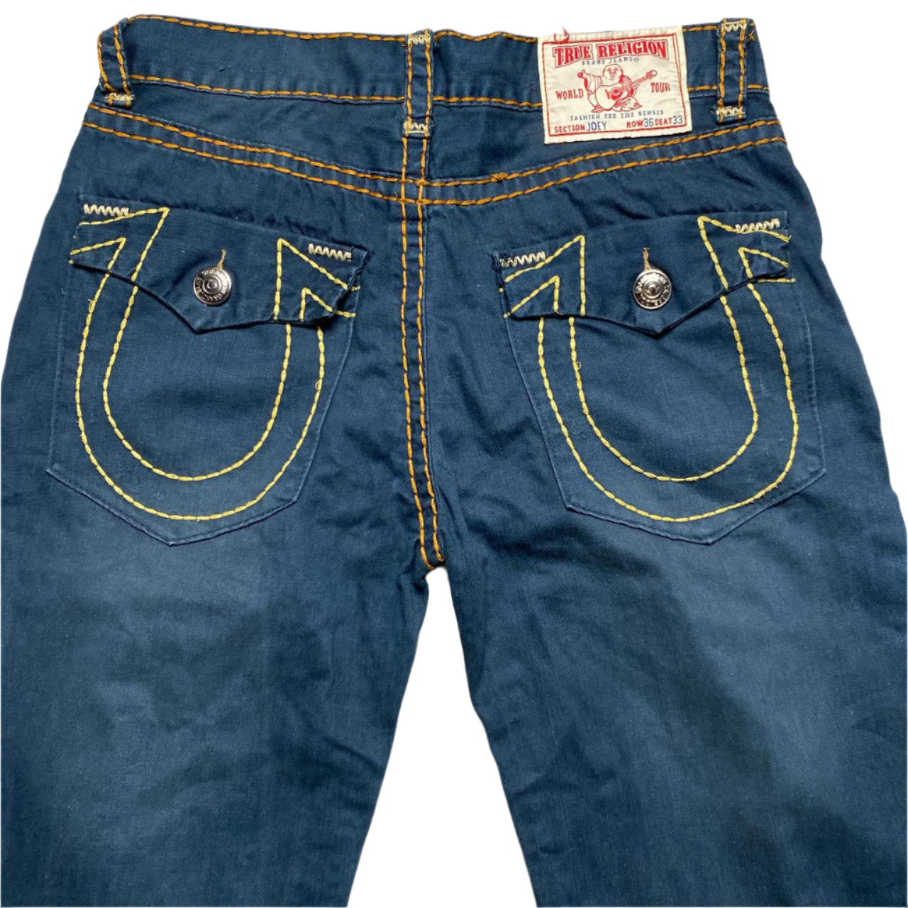 True Religion Joey Big Stitch Baggy Navy Orange and Yellow Jeans (34W)