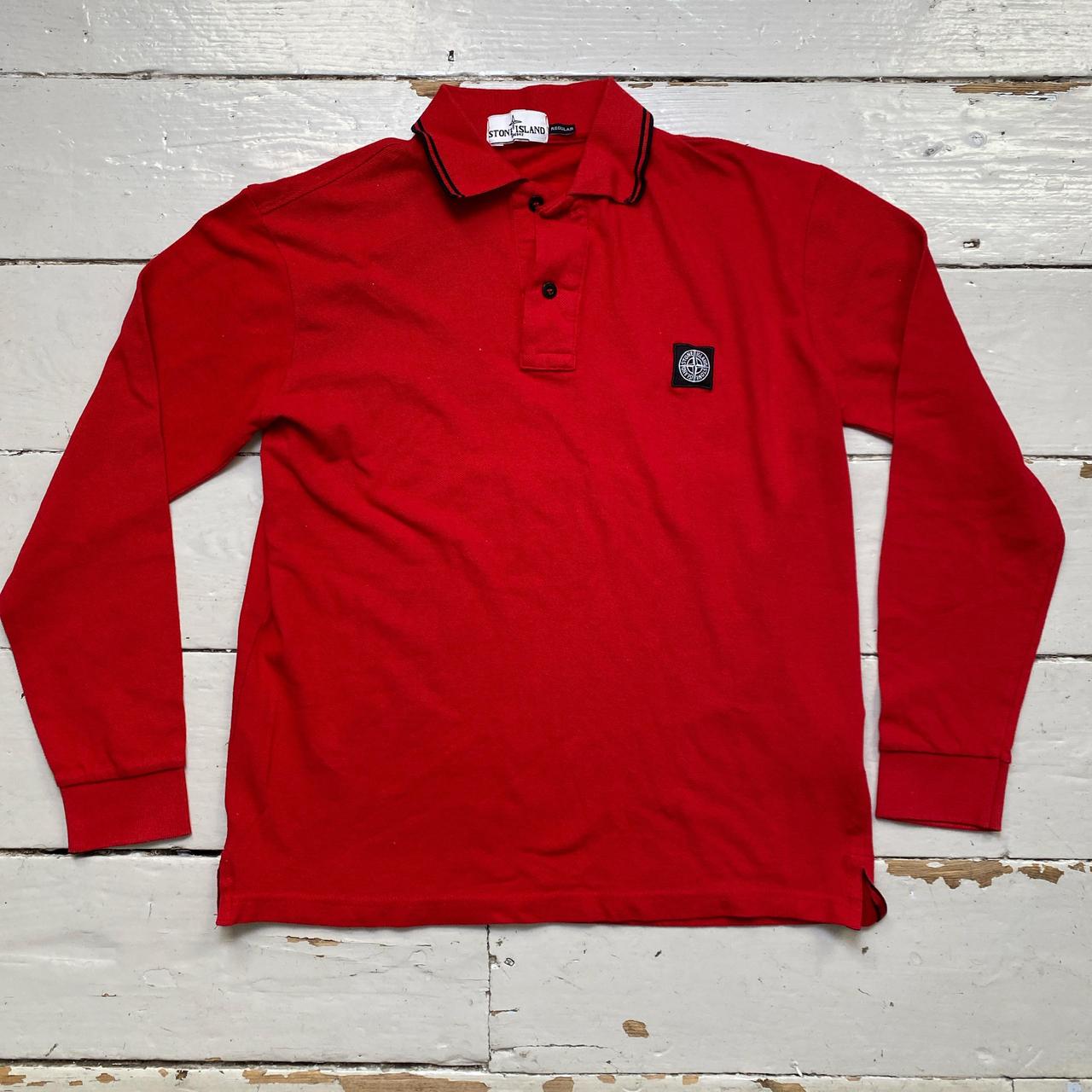 Stone Island Red and Black Square Patch Long Sleeve Polo Shirt