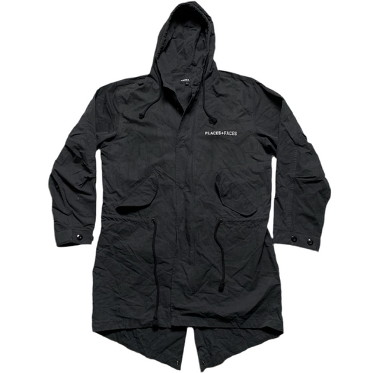 Places and Faces Black and Silver Reflective Parka Long Black Jacket (L)