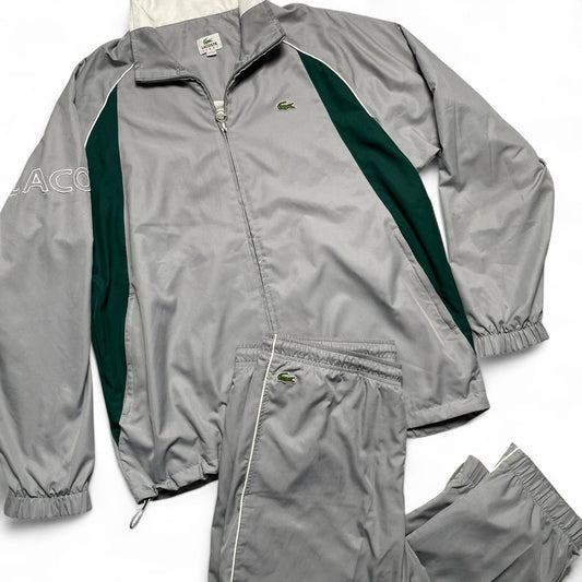 Lacoste Grey White and Green Nylon Full Shell Tracksuit (L)