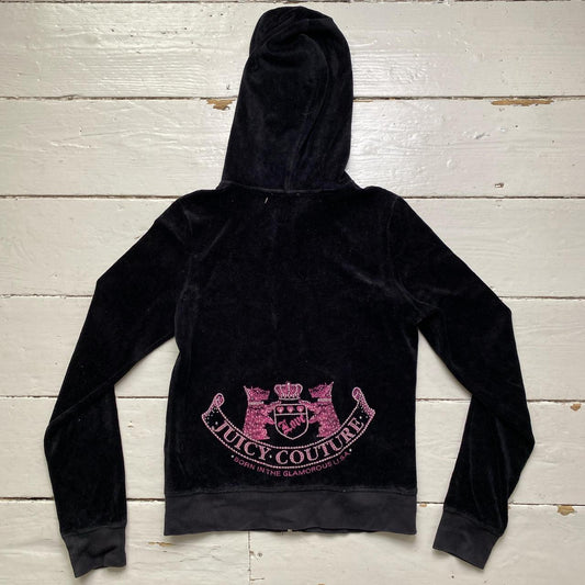 Juicy Couture Black and Pink Diamante Velour Hoodie