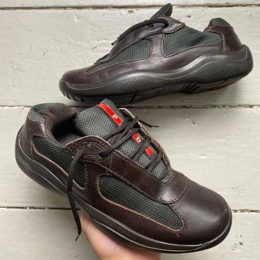 Prada Americas Cup Vintage Brown and Red Low Trainers