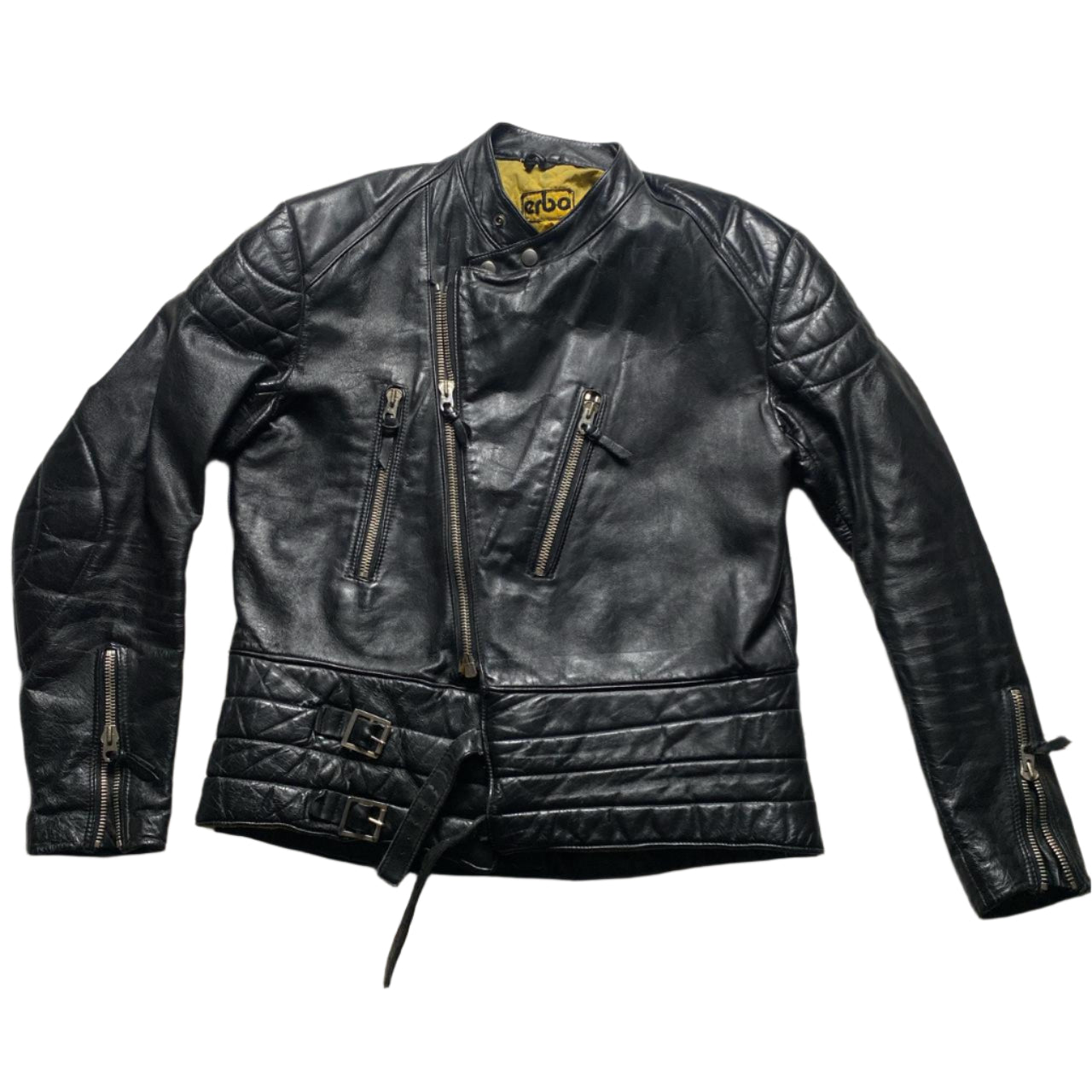 Erbo Vintage Leather Black and Yellow Biker Jacket (L)