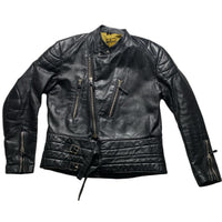 Erbo Vintage Leather Black and Yellow Biker Jacket (L)