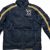 Ecko UNLTD Vintage Denim Navy and Brown Embroidery Puffer Jacket (L)