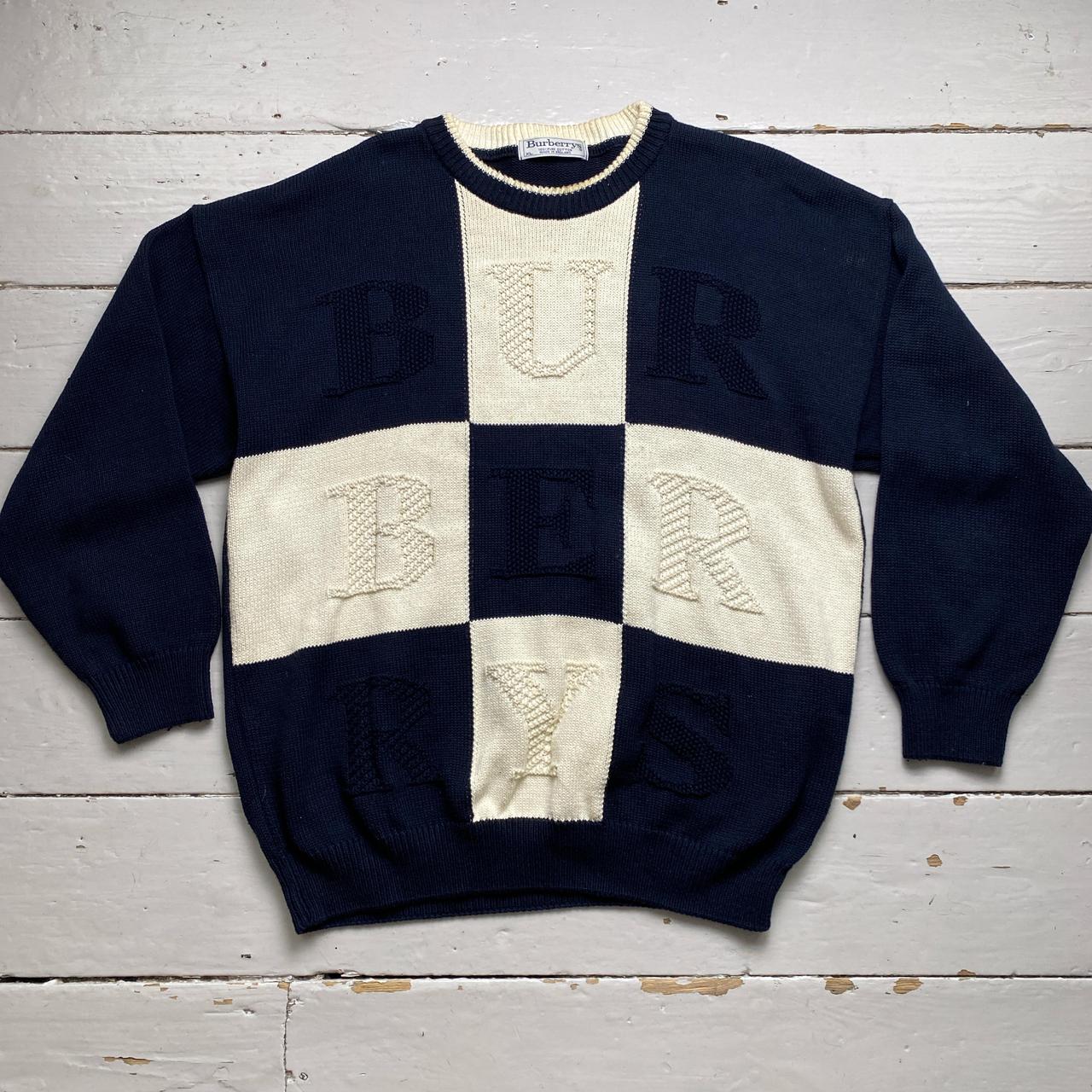 Burberry Burberrys England Vintage Navy and Cream White Big Lettering Cable Knit Jumper