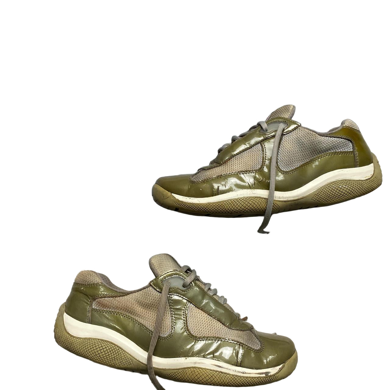 Prada Americas Cup Vintage Khaki Patent and Grey Low Trainers (UK 5.5)